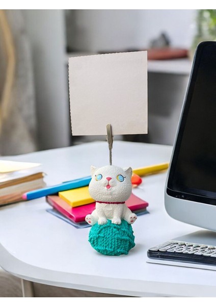 Turkuaz Yumaklı Kawaii Sevimli Kedi Fotoğraf Not Tutucu