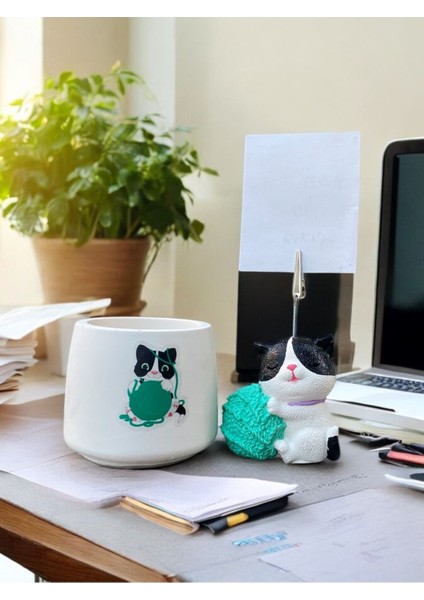 Turkuaz Yumaklı Kedi Fotoğraf - Not Tutuculu Obje Saksı Seti Hediyelik Ofis Seti