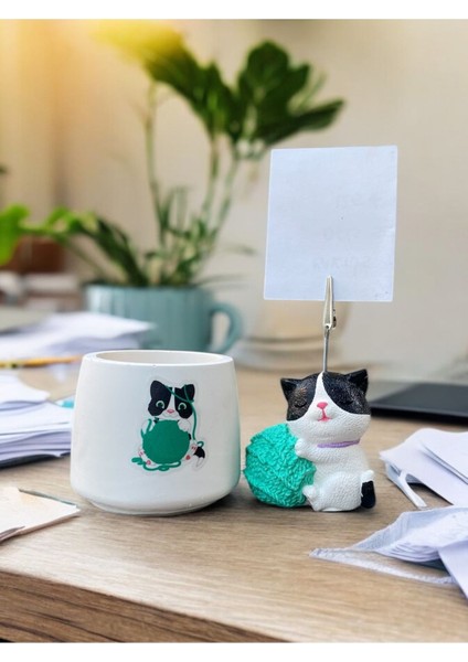 Turkuaz Yumaklı Kedi Fotoğraf - Not Tutuculu Obje Saksı Seti Hediyelik Ofis Seti indirimleri