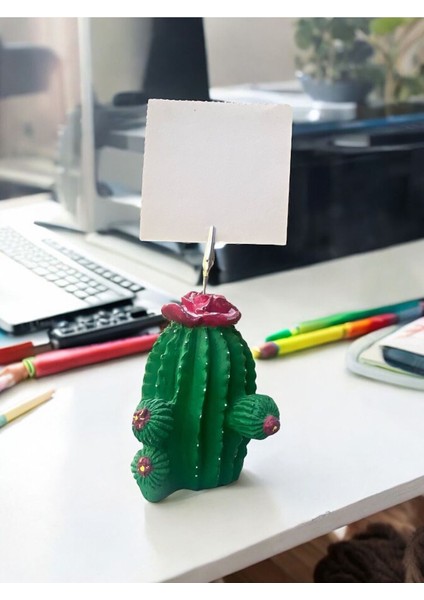 Koyu Pembe Çiçek Desenli Kaktüs Obje Fotoğraf Not Tutucu Ofis Masası Tutacak Hediyelike
