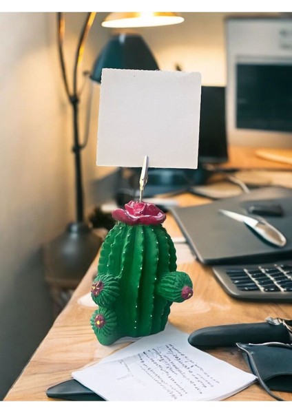 Koyu Pembe Çiçek Desenli Kaktüs Obje Fotoğraf Not Tutucu Ofis Masası Tutacak Hediyelike