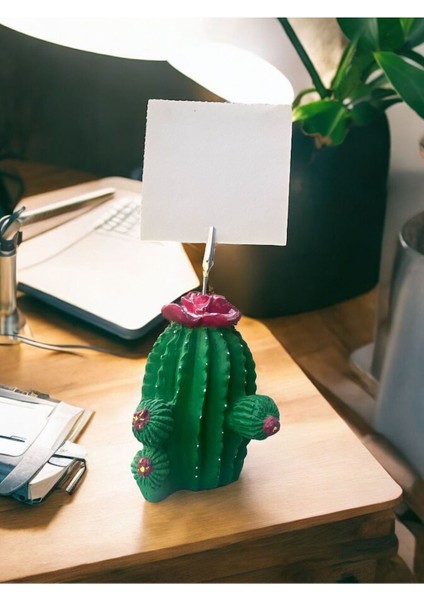 Koyu Pembe Çiçek Desenli Kaktüs Obje Fotoğraf Not Tutucu Ofis Masası Tutacak Hediyelike