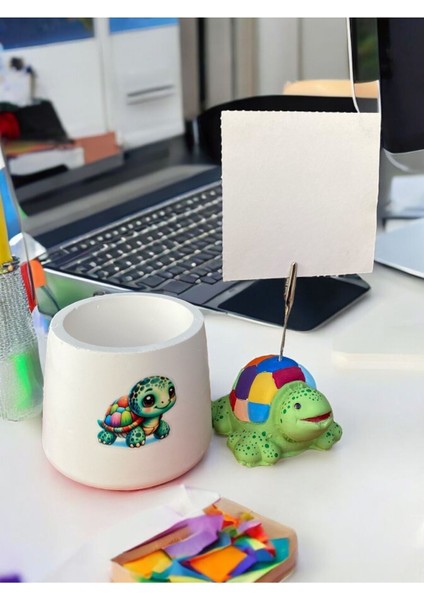 Renkli Kaplumbağa Fotoğraf Tutucu Not Tutacak Baskılı Kalemlik Ofis Seti Heyelik