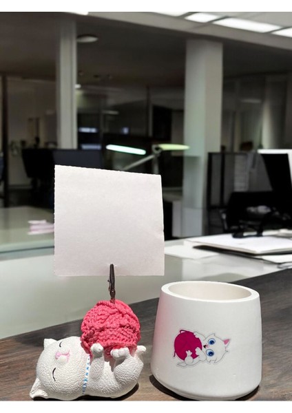 Tatlı Pembe Yumaklı Kawaii Sevimli Kedi Fotoğraf Tutucu Not Tutacak Kalemlik Ofis Seti Hediyelik fırsatları