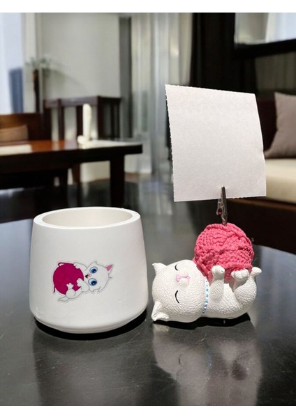 Tatlı Pembe Yumaklı Kawaii Sevimli Kedi Fotoğraf Tutucu Not Tutacak Kalemlik Ofis Seti Hediyelik indirimleri