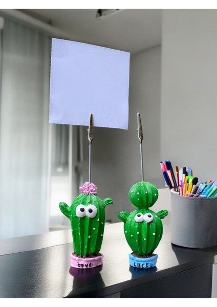 Love ve Lucky Temalı 2'li Sevimli Kaktüs Fotoğraf Not Tutacağı Ofis Masası Not Tutucu Hediyelik
