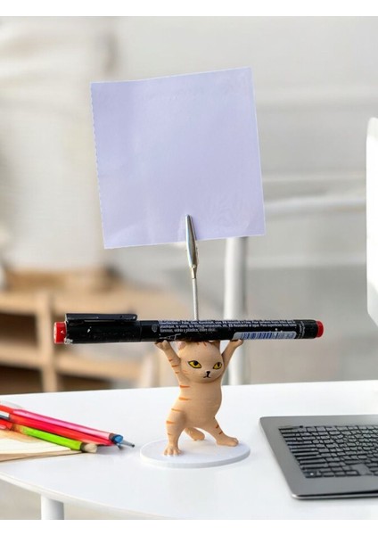 Turuncu Çizgili Kalem Tutabilen Dansçı Kedi Fotoğraf Not Tutacağı Ofis Masası Hediyelik