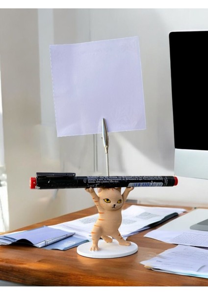 Turuncu Çizgili Kalem Tutabilen Dansçı Kedi Fotoğraf Not Tutacağı Ofis Masası Hediyelik modelleri