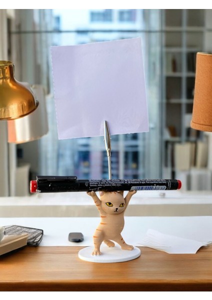 Turuncu Çizgili Kalem Tutabilen Dansçı Kedi Fotoğraf Not Tutacağı Ofis Masası Hediyelik fırsatları