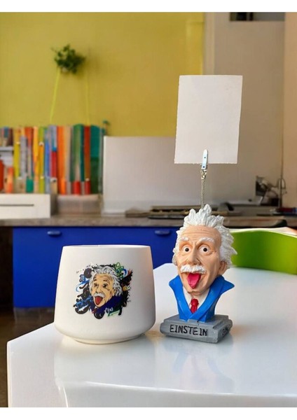 Albert Einstein Temalı Fotoğraf Not Tutacak ve Kalemlik Saksı Mumluk Seti Ofis Masası Hediyelik
