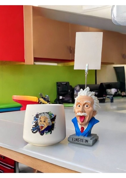 Albert Einstein Temalı Fotoğraf Not Tutacak ve Kalemlik Saksı Mumluk Seti Ofis Masası Hediyelik