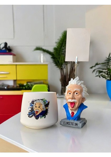 Albert Einstein Temalı Fotoğraf Not Tutacak ve Kalemlik Saksı Mumluk Seti Ofis Masası Hediyelik