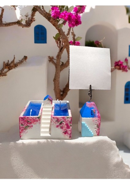 Santorini - Mikanos - Alaçatı Konseptli Ev Mum / Ev Not Fotoğraf Tutuculu Hediyelik Ofis Seti
