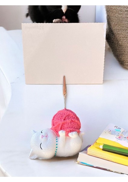 Tatlı Pembe Kawaii Yumaklı Kedi Fotoğraf Not Tutacak Ofis Masası Not Tutacağı