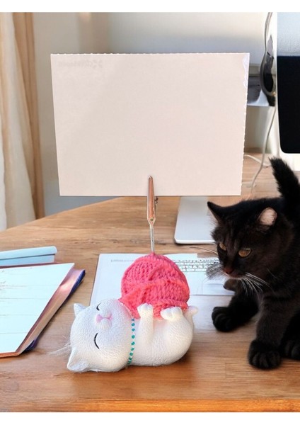 Tatlı Pembe Kawaii Yumaklı Kedi Fotoğraf Not Tutacak Ofis Masası Not Tutacağı
