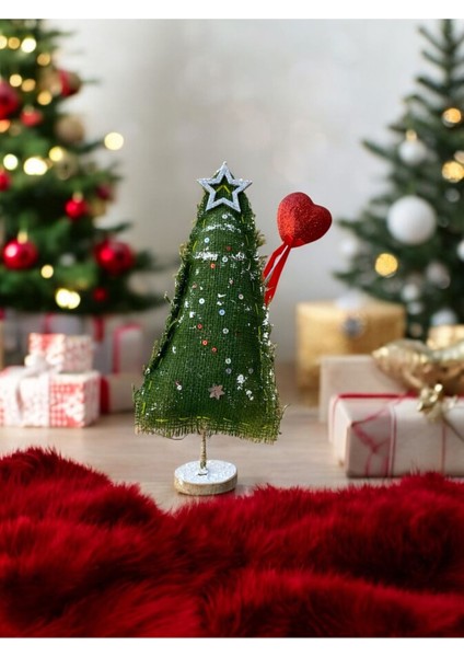 Ahşap Tabanlı Jüt Ipten Yılbaşı Ağacı Kalp Hediyeli Masa Süsü
