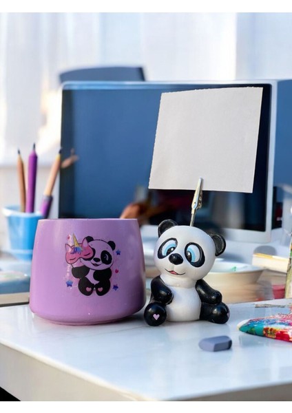 Sevimli Panda Desenli Fotoğraf Not Tutacağı - Lila Panda Temalı Kalemlik Ofis Seti Hediyelik Tutucu
