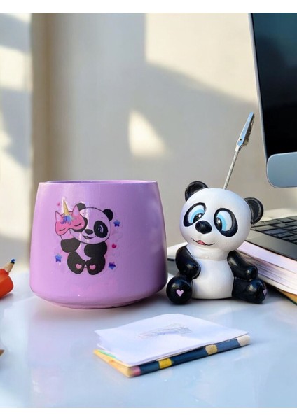 Sevimli Panda Desenli Fotoğraf Not Tutacağı - Lila Panda Temalı Kalemlik Ofis Seti Hediyelik Tutucu modelleri