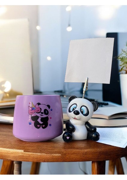 Sevimli Panda Desenli Fotoğraf Not Tutacağı - Lila Panda Temalı Kalemlik Ofis Seti Hediyelik Tutucu indirimleri