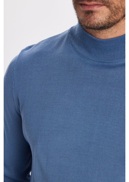 Erkek Slim Fit Dar Kesim Yarım Balıkçı Yaka Düz Indigo Triko Kazak modelleri