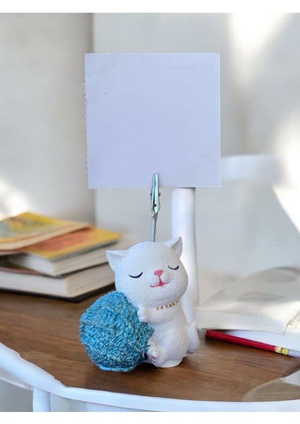 Mavi Sim Yumak Tutan Oturan Kawaii Kedi Temalı Not Tutacağı Fotoğraf Tutacak Tutucu Ofis Hediyelik