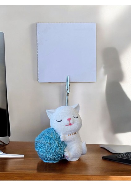 Mavi Sim Yumak Tutan Oturan Kawaii Kedi Temalı Not Tutacağı Fotoğraf Tutacak Tutucu Ofis Hediyelik