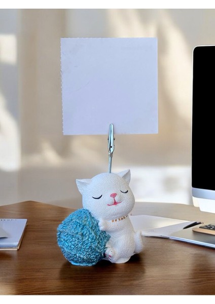 Mavi Sim Yumak Tutan Oturan Kawaii Kedi Temalı Not Tutacağı Fotoğraf Tutacak Tutucu Ofis Hediyelik