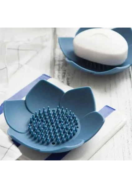 2 Adet Lotus Desenli Sabun ve Sünger Tutacağı Silikon (Mavi) Su Giderli Lotus Şekilli Sabunlu