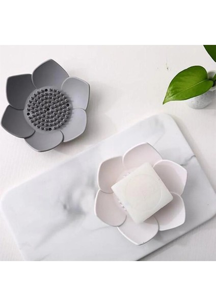 2 Adet Lotus Desenli Sabun ve Sünger Tutacağı Silikon (Mavi) Su Giderli Lotus Şekilli Sabunlu