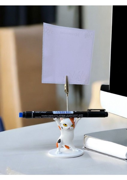 Turuncu Benekli Kalem Tutabilen Dansçı Kedi Fotoğraf Not Tutacağı Ofis Masası Hediyelik