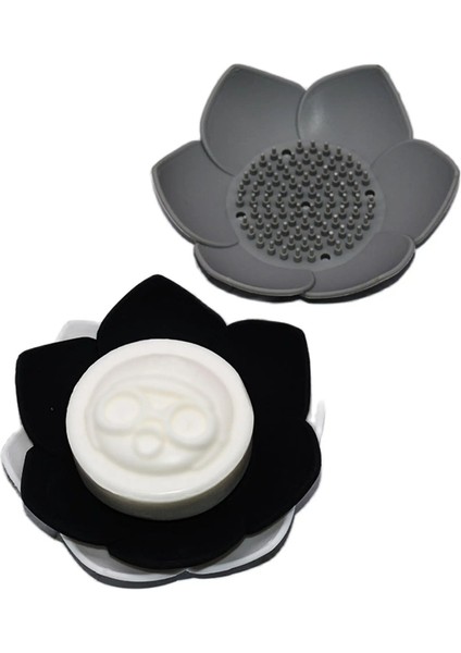 2 Adet Lotus Desenli Sabun ve Sünger Tutacağı Silikon (Siyah) Su Giderli Lotus Şekilli Sabunluk
