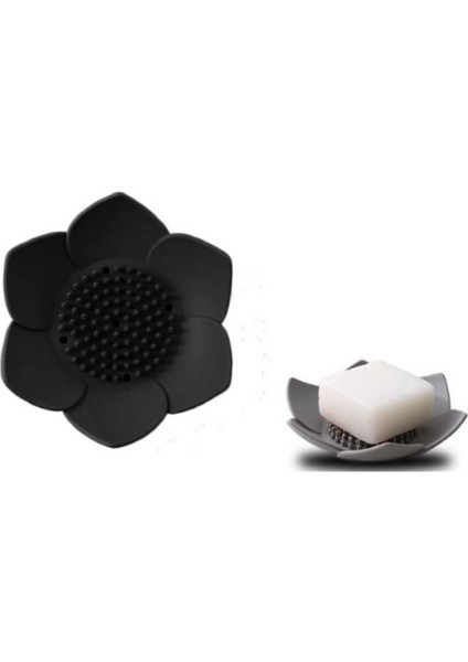 2 Adet Lotus Desenli Sabun ve Sünger Tutacağı Silikon (Siyah) Su Giderli Lotus Şekilli Sabunluk