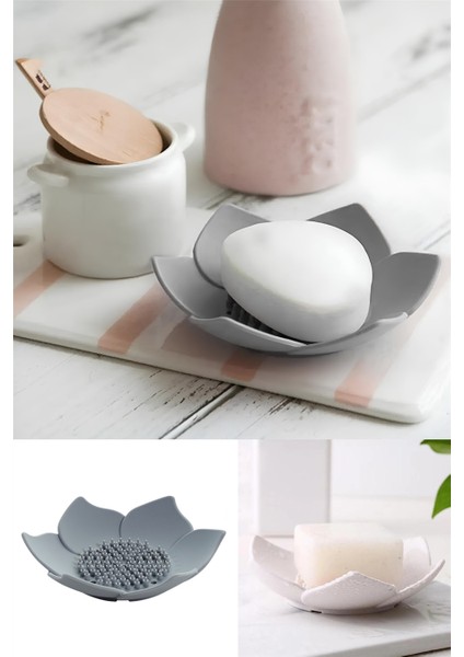 2 Adet Lotus Desenli Sabun ve Sünger Tutacağı Silikon (Gri) Su Giderli Lotus Şık Katı Sabunluk