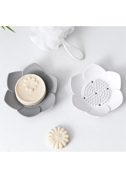 2 Adet Lotus Desenli Sabun ve Sünger Tutacağı Silikon (Gri) Su Giderli Lotus Şık Katı Sabunluk