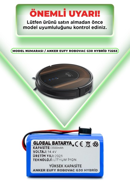 Anker Eufy Robovac G30 Hybrid Uyumlu Akıllı Robot Süpürge Bataryası 14.4V 3500MAH Li-Ion Pil (Ultra Kapasite)