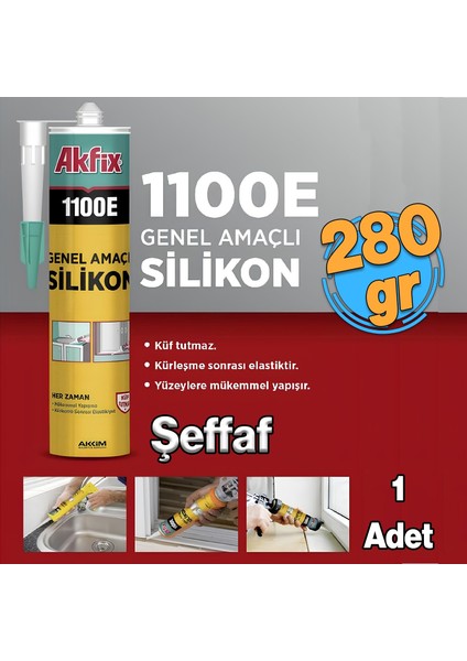 Genel Amaçlı Silikon Yapıştırma Sızıntı Önleyici Dolgu Silikonu 280 gr 1 Adet 1100E Şeffaf