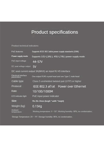 Gigabit Poe Ayırıcı 5V3A 1000MBPS Type-C Ethernet Üzerinden Güç (Yurt Dışından)