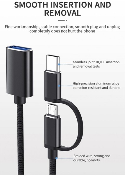 2'si 1 Arada USB 3.0 Otg Adaptör Kablosu Type-C Micro-Usb'den USB 3.0'a-Siyah (Yurt Dışından)