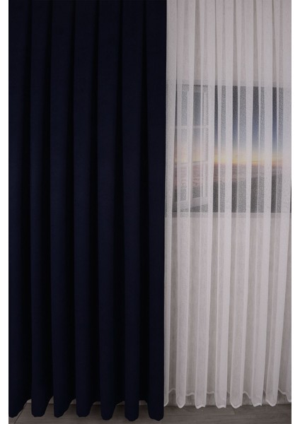 Lacivert Düz Ada Fon Perde V-32 Tek Kanat 1x3 Sık Pile