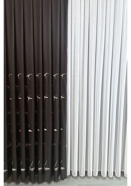 Anka Kuşu Nakışlı Kahve Fon Perde Tek Kanat 1x3 Sık Pile indirimleri