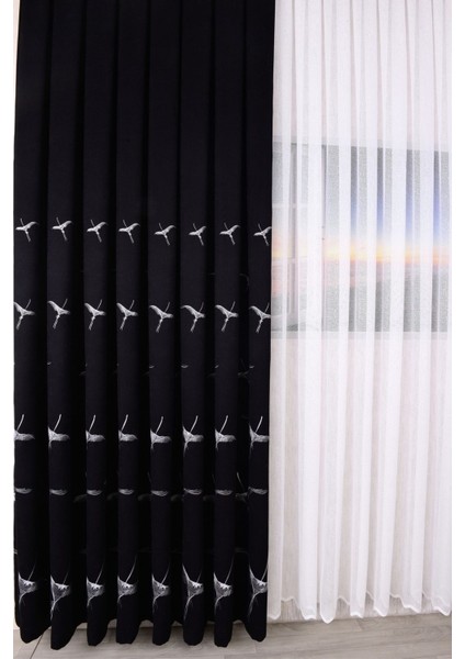 Anka Kuşu Nakışlı Siyah Fon Perde Tek Kanat 1x3 Sık Pile