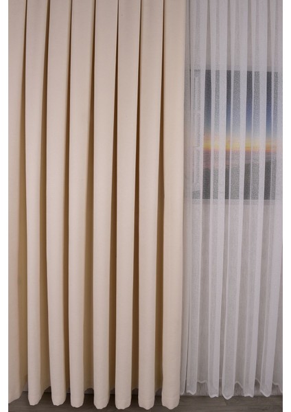 Ekru Düz Ada Fon Perde V-12489 Tek Kanat 1x3 Sık Pile