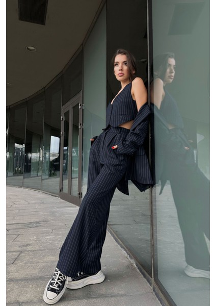 Premium Lacivert Kadın Ceket Yelek Pantolon Takım