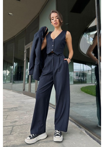 Premium Lacivert Kadın Ceket Yelek Pantolon Takım fırsatları