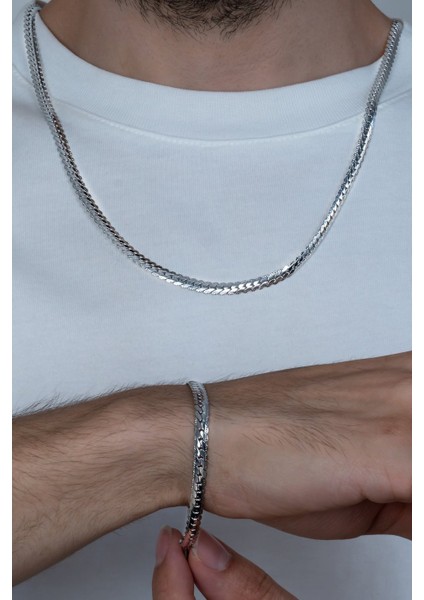 Silver ve Gold Seçenekli Ezme Yassı Yılan Çelik Unisex Kolye Bileklik Set fiyatları