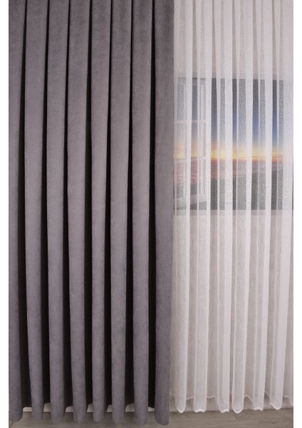 Gri Düz Ada Fon Perde V-12488 Tek Kanat 1x3 Sık Pile