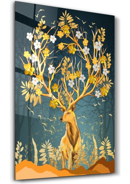 Abstract Deer & Flowers Dekorasyon Cam Duvar Tablosu