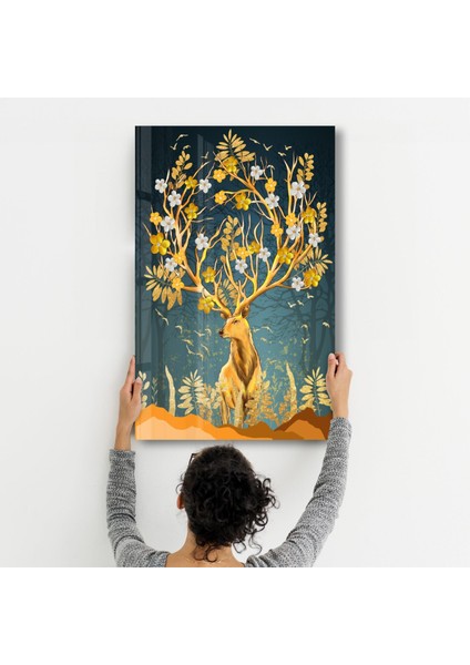 Abstract Deer & Flowers Dekorasyon Cam Duvar Tablosu