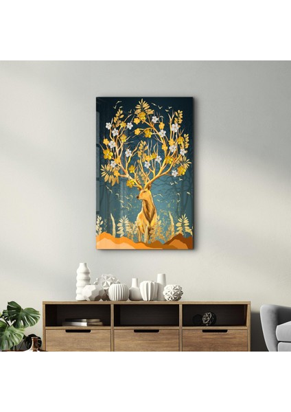 Abstract Deer & Flowers Dekorasyon Cam Duvar Tablosu