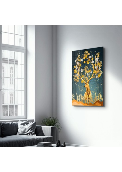 Abstract Deer & Flowers Dekorasyon Cam Duvar Tablosu